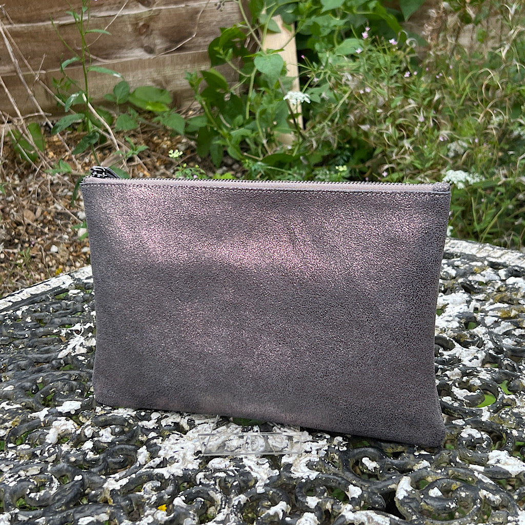 Pewter leather clutch bag on sale