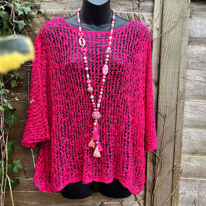 Pretty Fuchsia Chunky Beaded Long Necklace (on clothes)