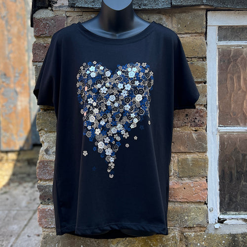 Navy & Beige Textured Flower Heart Cotton T-Shirt