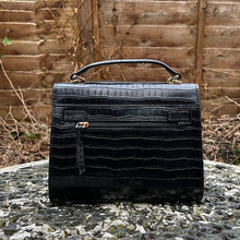 Load image into Gallery viewer, Black &quot;Alegra&quot; Italian Leather Croc Midi Grab Bag (back)
