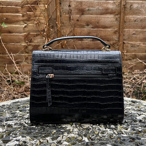 Black "Alegra" Italian Leather Croc Midi Grab Bag (back)