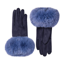 Load image into Gallery viewer, Navy/Cornflower Blue Ladies Velour-Lined Faux Suede Gloves with Faux Fur Cuffs (back/palm)
