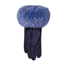 Load image into Gallery viewer, Navy/Cornflower Blue Ladies Velour-Lined Faux Suede Gloves with Faux Fur Cuffs (front)
