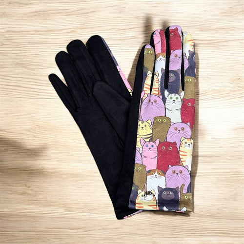 Black Quirky Cats Printed Suedette Gloves