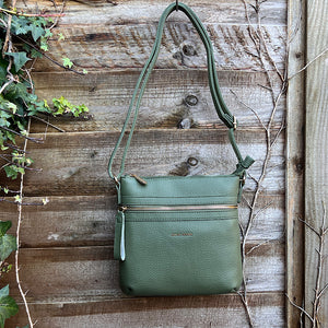 Green Crossbody Bag with Front Zip Pocket (hanging)