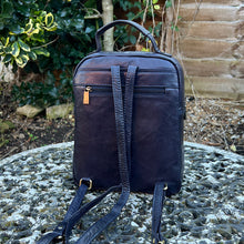 Load image into Gallery viewer, Navy Twin Zip Top Leather &#39;Harriet&#39; Backpack (back)
