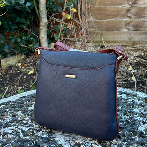 Navy & Tan 'Hazel' Flat Leather Crossbody Bag (front)