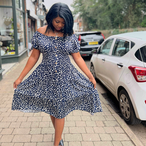 Bardot Midi Dress with Pockets | Navy Pebble Print