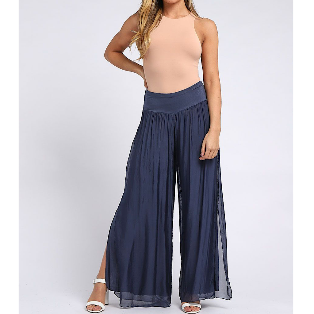 Navy Wide Leg Silk Trousers with Side Slits