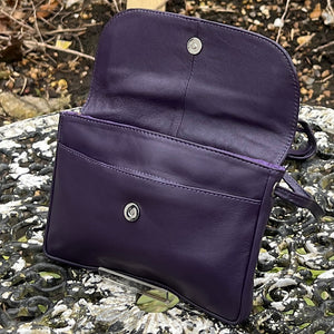 Purple 'Abigail' Classic Leather Clutch/Shoulder Bag (front open)