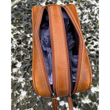 Load image into Gallery viewer, Men&#39;s Cognac Double Zip Leather Wash Bag (open)
