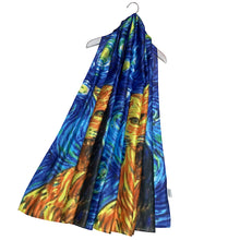 Load image into Gallery viewer, Impressionist Style Starry Night Cat Print Silk Scarf (flat)
