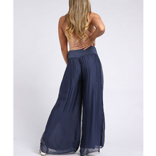 Load image into Gallery viewer, Navy Wide Leg Silk Trousers with Side Slits (back)
