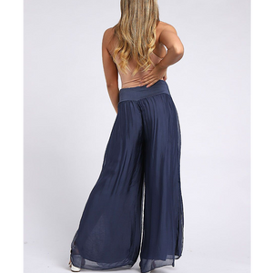 Navy Wide Leg Silk Trousers with Side Slits (back)