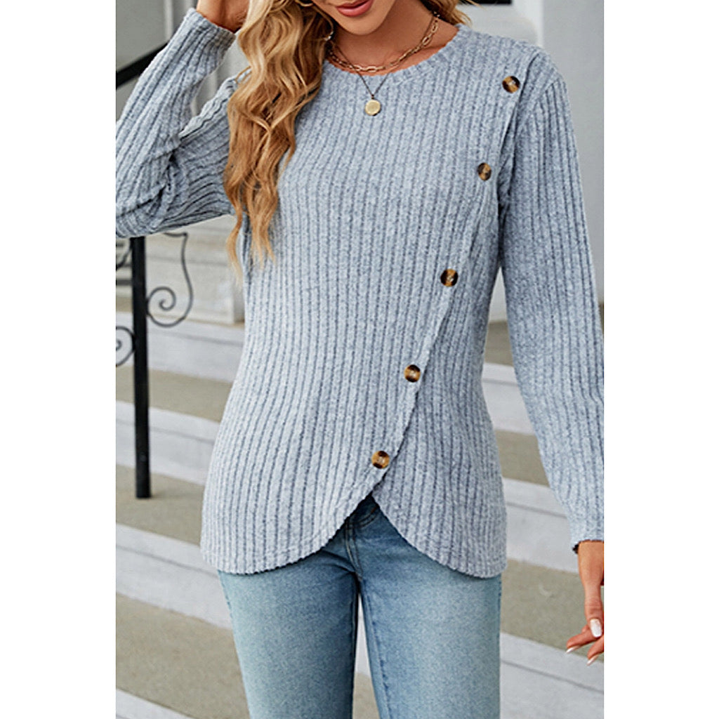 Grey Rib Knit Front Buttoned Top
