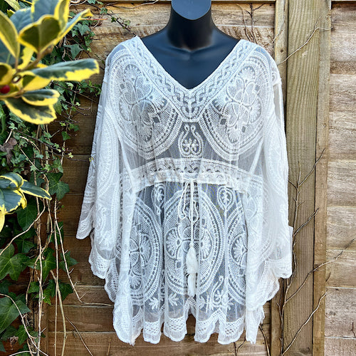 White Drawstring Waist Lace Batwing Top