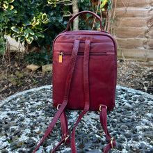 Load image into Gallery viewer, Burgundy Twin Zip Top Leather &#39;Harriet&#39; Backpack (back)
