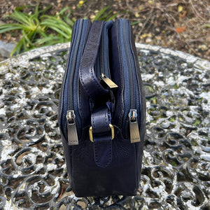Classic Navy Leather 'Darcie' Crossbody Bag (side view)