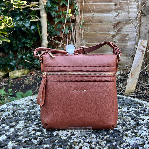 Cognac Crossbody Bag with Front Zip Pockets (front)