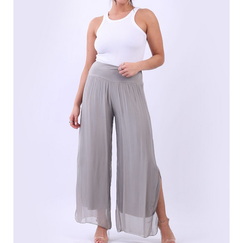 Silver Wide Leg Silk Trousers with Side Slits