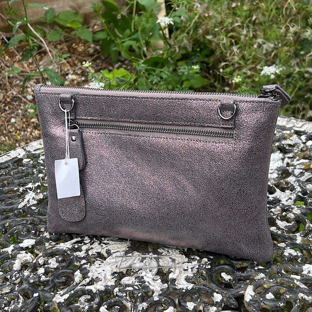 Pewter leather clutch bag on sale