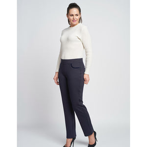 Navy Ponte Jean Style Trousers with Crystal & Velvet Pocket Detail (modelled)