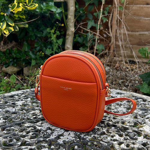 Orange Oval Shaped Twin Zip Top Crossbody Bag (front)