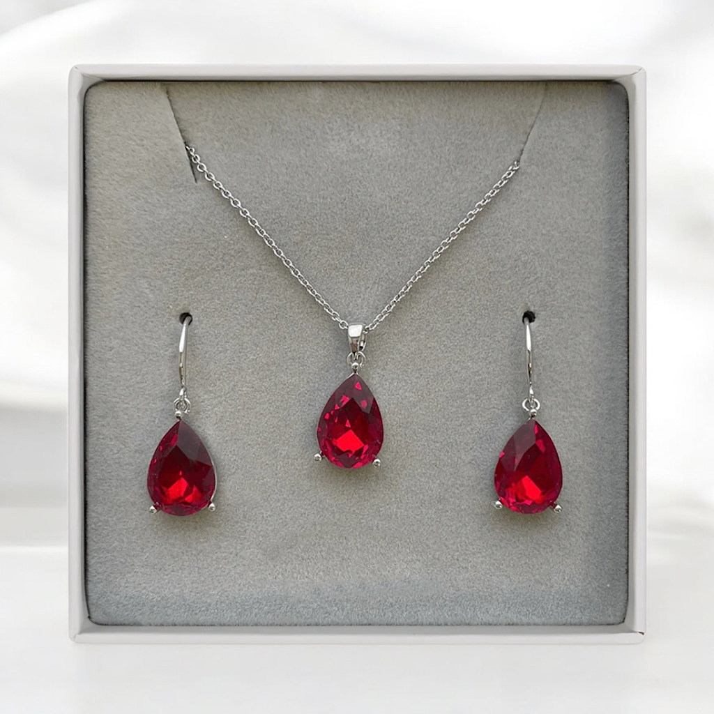 Boxed Ruby Pear Drops Earring & Necklace Set