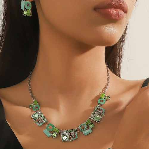 Green Rhinestone Enamelled Stainless Steel Necklace (on model)