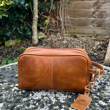 Load image into Gallery viewer, Men&#39;s Cognac Double Zip Leather Wash Bag (front)
