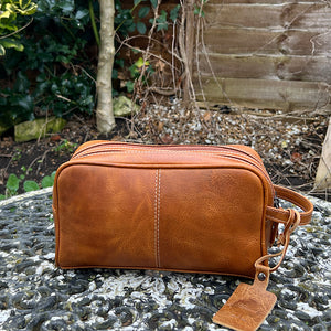 Men's Cognac Double Zip Leather Wash Bag (front)