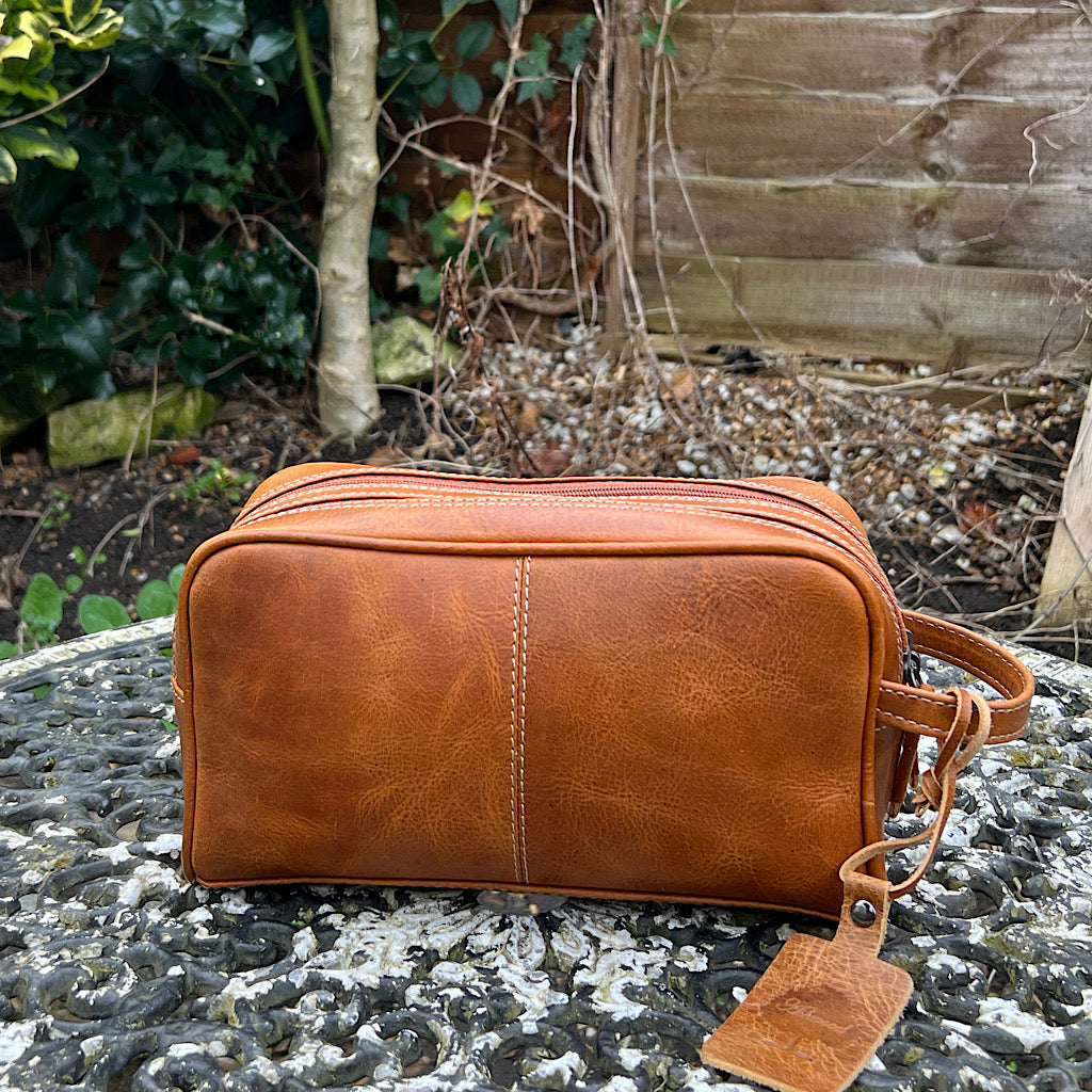 Men's Cognac Double Zip Leather Wash Bag (front)