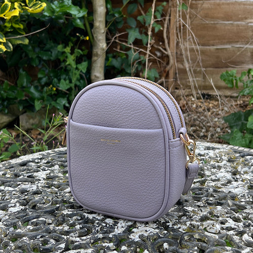 Lilac Oval Shaped Twin Zip Top Crossbody Bag (front)