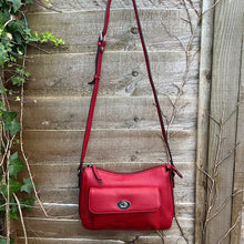 Load image into Gallery viewer, Soft Red Italian Leather &#39;Martina&#39; Front Pocket Twist Lock Crossbody Bag (hanging)
