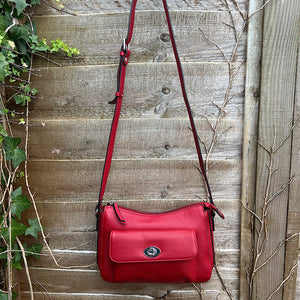 Soft Red Italian Leather 'Martina' Front Pocket Twist Lock Crossbody Bag (hanging)