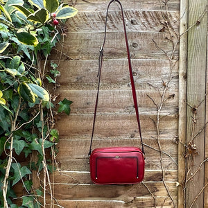 Red 'Lucia' Double Zip Italian Leather Crossbody Bag (handing)