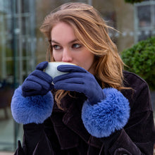 Load image into Gallery viewer, Navy/Cornflower Blue Ladies Velour-Lined Faux Suede Gloves with Faux Fur Cuffs (model)
