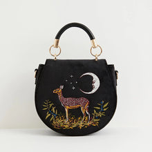 Load image into Gallery viewer, Deer &amp; Moon Embroidered Saddle Bag Black Velvet
