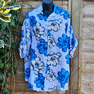 Blue & White Flower Print Long Cotton Shirt