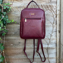 Load image into Gallery viewer, Burgundy Twin Zip Top Leather &#39;Harriet&#39; Backpack (hanging)
