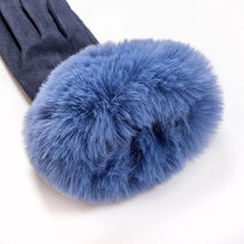 Load image into Gallery viewer, Navy/Cornflower Blue Ladies Velour-Lined Faux Suede Gloves with Faux Fur Cuffs (close up)
