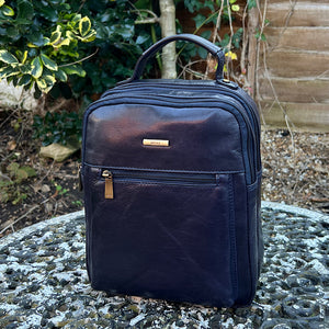 Navy Twin Zip Top Leather 'Harriet' Backpack (front)