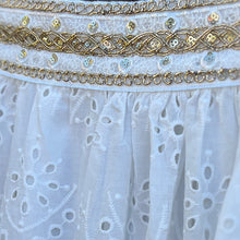 Load image into Gallery viewer, White Broderie Anglaise Skirt with Gold Embroidered Band (waistband detail)
