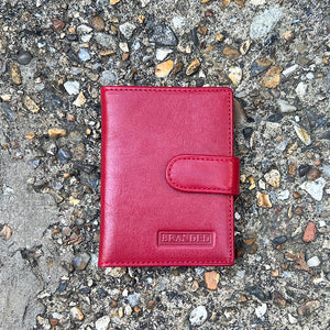 Red Leather Credit Card Holder with Tab (closed)