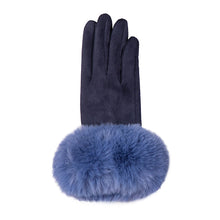 Load image into Gallery viewer, Navy/Cornflower Blue Ladies Velour-Lined Faux Suede Gloves with Faux Fur Cuffs (back)
