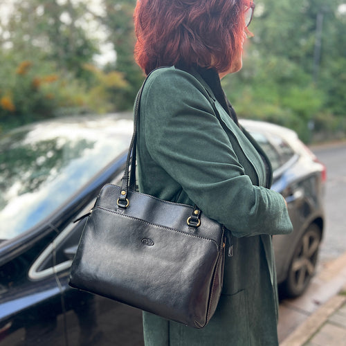 Black Classic 'Carlotta' Italian Leather Shoulder Bag (on model)