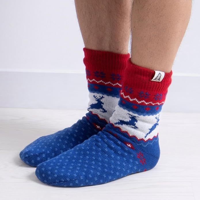 Mens Sherpa Lined Fair Isle Slipper Socks Bucks Leather