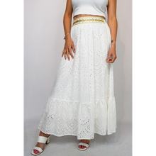 Load image into Gallery viewer, White Broderie Anglaise Skirt with Gold Embroidered Band (front)
