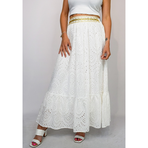 White Broderie Anglaise Skirt with Gold Embroidered Band (front)