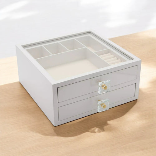 White Wooden Jewellery Box Compartments & 2 Drawers